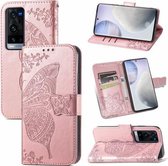 Voor vivo X60 Pro + Butterfly Love Flowers Reliëf Horizontale Flip Leren Case met Houder & Kaartsleuven & Portemonnee & Lanyard (Rose Goud)