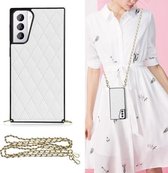 Voor Samsung Galaxy S21 + 5G Elegant Rhombic Pattern Microfiber Leather + TPU Shockproof Case met Crossbody Strap Chain (Wit)