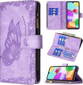 Voor Samsung Galaxy A41 Flying Butterfly Embossing Pattern Rits Horizontale Flip Leather Case met houder & kaartsleuven & portemonnee (paars)