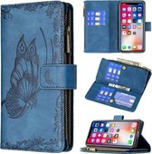 Voor iPhone XS / X Flying Butterfly Embossing Pattern Rits Horizontale Flip lederen tas met houder & kaartsleuven & portemonnee (blauw)