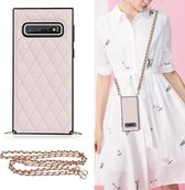 Voor Samsung Galaxy S10 Elegant Rhombic Pattern Microfiber Leather + TPU Shockproof Case met Crossbody Strap Chain (Roze)