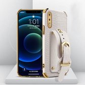 Voor Samsung Galaxy A02 gegalvaniseerde TPU krokodillenpatroon lederen tas met polsband (wit)