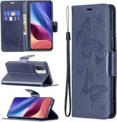 Voor Xiaomi Mi 11i / Poco F3 / Redmi K40 Twee vlinders reliëfpatroon Horizontale flip lederen tas met houder & kaartsleuf & portemonnee & lanyard (donkerblauw)