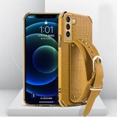 Voor Samsung Galaxy S21 gegalvaniseerde TPU krokodillenpatroon lederen tas met polsband (geel)