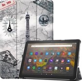 Voor Amazon Fire HD 10 (2021) Gekleurd tekeningpatroon Horizontale flip lederen tas met drie-vouwbare houder & slaap- / wekfunctie (retro-toren)