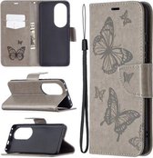 Voor Huawei P50 Pro Twee vlinders reliëfpatroon horizontaal flip lederen hoesje met houder & kaartsleuf & portemonnee & lanyard (grijs)