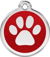 Paw Print Red glitter hondenpenning large/groot dia. 3,8 cm RedDingo