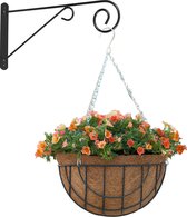 Hanging basket met muurhaak sierkrul grijs en kokos inlegvel - metaal - complete hanging basket set