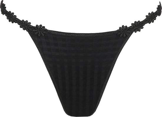 Zwarte string met een geblokt patroon en bloemenbandje