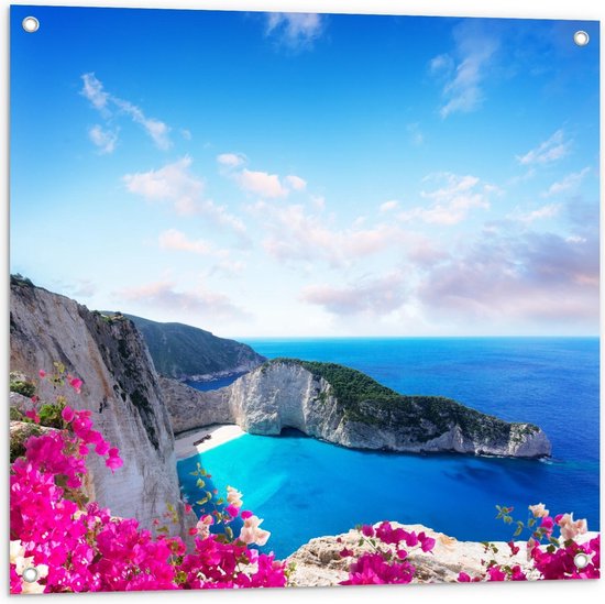 Tuinposter – Navagio Stranden op Zakynthos, Griekenland - 80x80cm Foto op Tuinposter  (wanddecoratie voor buiten en binnen)