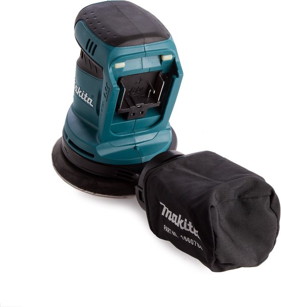 Turquoise Makita schuurmachine met open batterijcompartiment en stofzak.