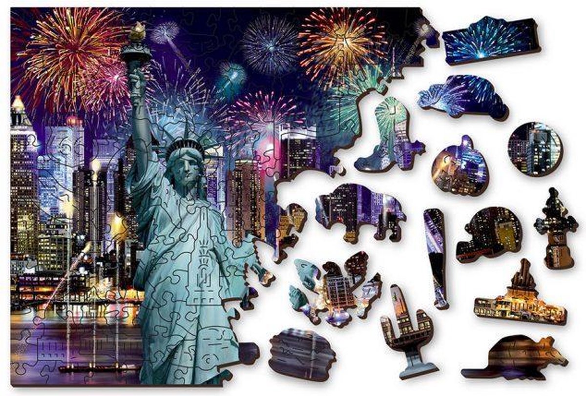 Wooden City New York bij Nacht XL - Houten Vormpuzzel - 52x37,5 cm - 1010 stukjes