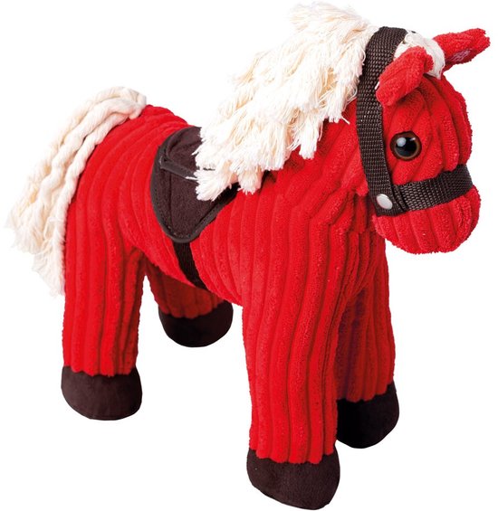 Rood pluche paard met ribbels, witte manen en staart, bruin zadel en zwarte hoeven.