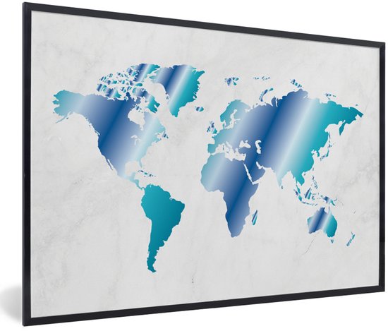 Photo encadrée - Wereldkaart avec trop-plein bleu et cadre photo marbre noir 60x40 cm - Affiche encadrée (Décoration murale salon / chambre)