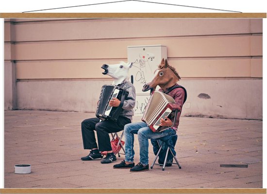 Schoolplaat – Paarden Spelend op Accordeon  - 120x80cm Foto op Textielposter (Wanddecoratie op Schoolplaat)