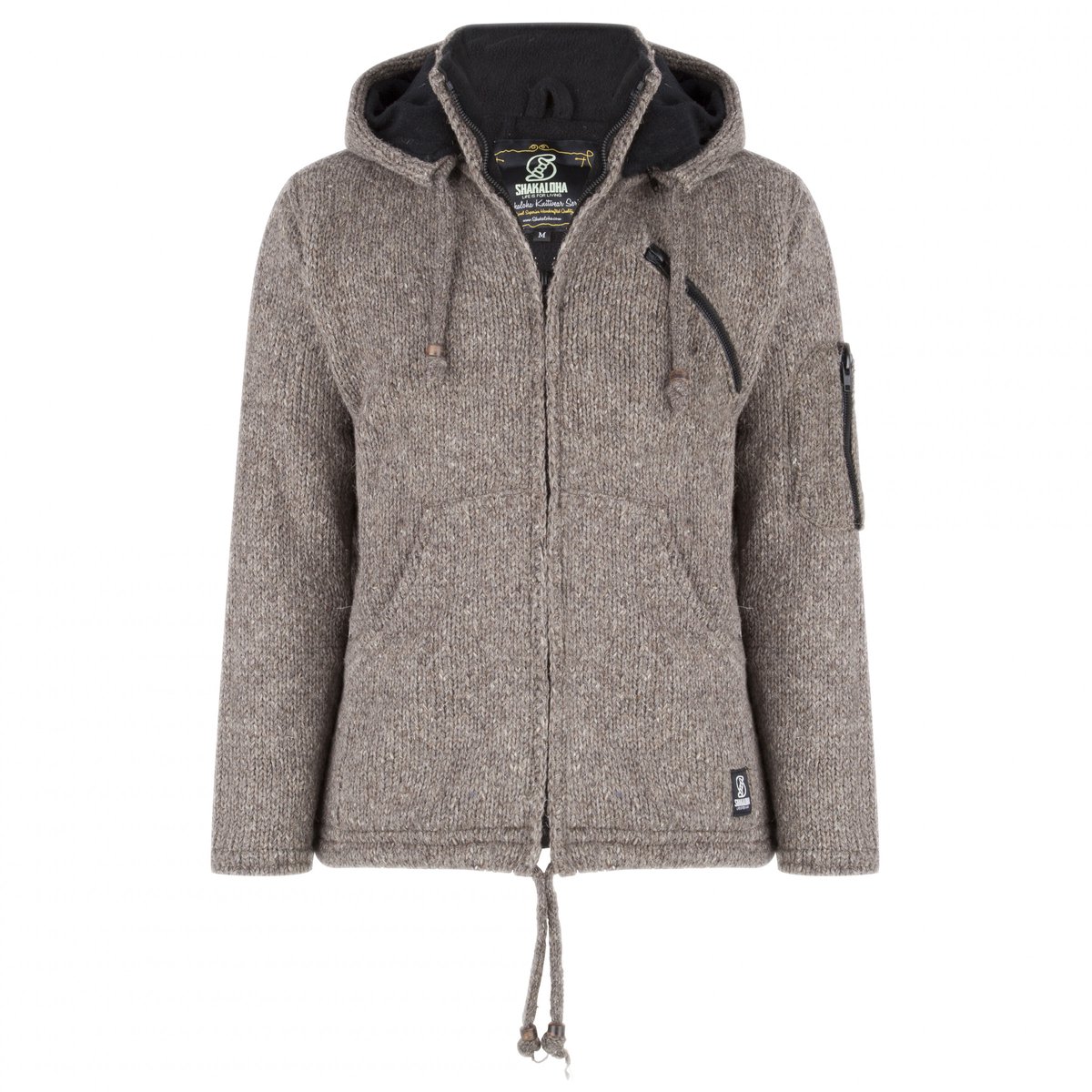 Gebreid Wollen Heren/Uni Vest van Schapenwol met Polyester Fleece voering en afneembare capuchon SHAKALOHA Crush Ziphood Lbrown