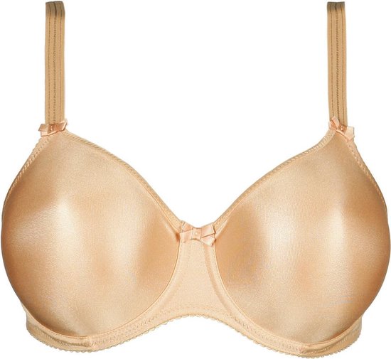 Een beige beugel-bh met gladde cups, versierd met een strikje in het midden en aan de bandjes.