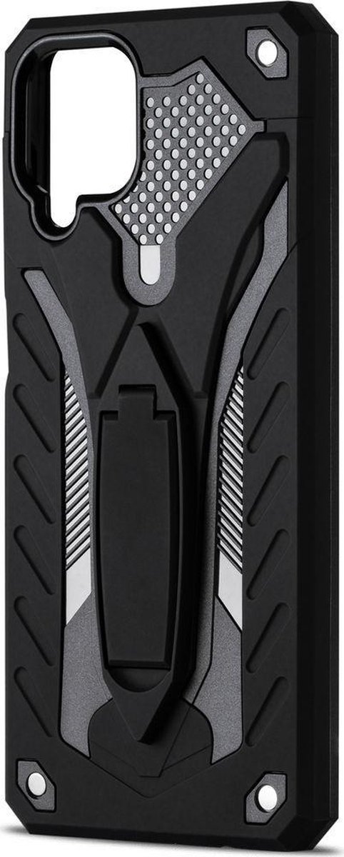 Mobigear Hoesje geschikt voor Samsung Galaxy A12 Telefoonhoesje Hardcase | Mobigear Armor Stand Backcover Shockproof met Standaard | Schokbestendig Galaxy A12 Telefoonhoesje | Anti Shock Proof - Zwart