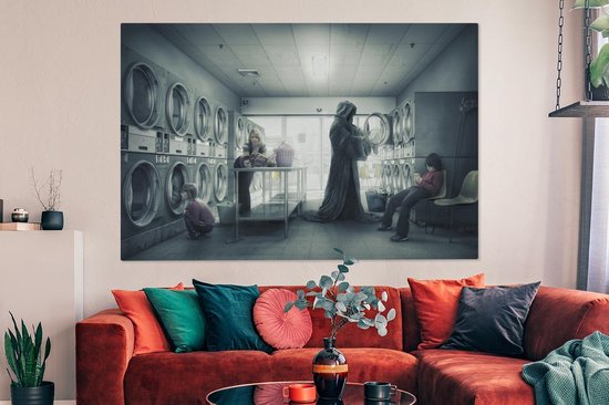 Canvas schilderij 180x120 cm - Wanddecoratie Absurde Magere Hein in de wasserette - Muurdecoratie woonkamer - Slaapkamer decoratie - Kamer accessoires - Schilderijen