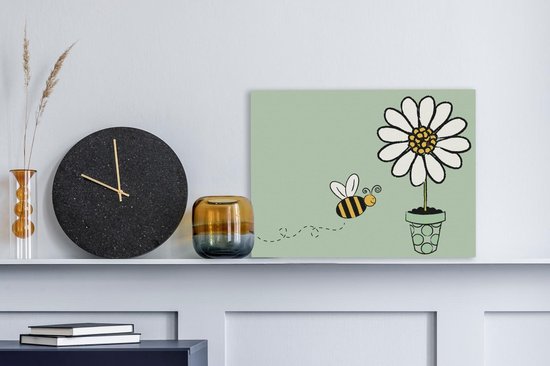 Une illustration d'une abeille volant vers une toile fleur blanche 40x30 cm - petit - Tirage photo sur toile (Décoration murale salon / chambre) / animaux sauvages Peintures sur toile