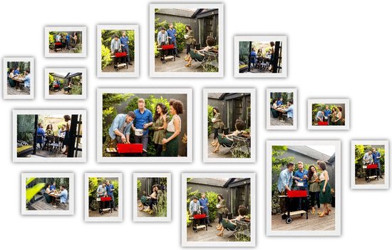 HAES DECO - Collage set met 17 houten fotolijsten Paris wit voor foto's formaat 10x15, 13x18, 15x20, 20x30, 30x30 en 30x40 - SP001903-17
