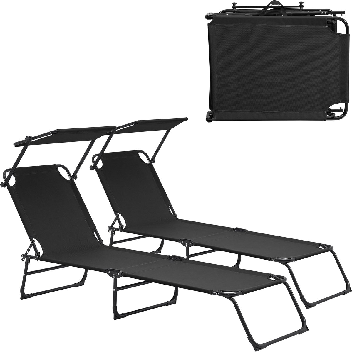 Ligbed ligstoel 187x53x27 cm met luifel set van 2 zwart