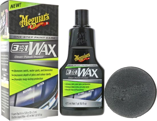 Meguiar's 3-in-1 Wax productdoos, fles met wax en applicator pad. "Before" en "After" auto-afbeeldingen zichtbaar.