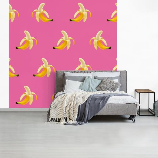 Behang - Fotobehang Banaan - Patroon - Roze - Breedte 350 cm x hoogte 350 cm
