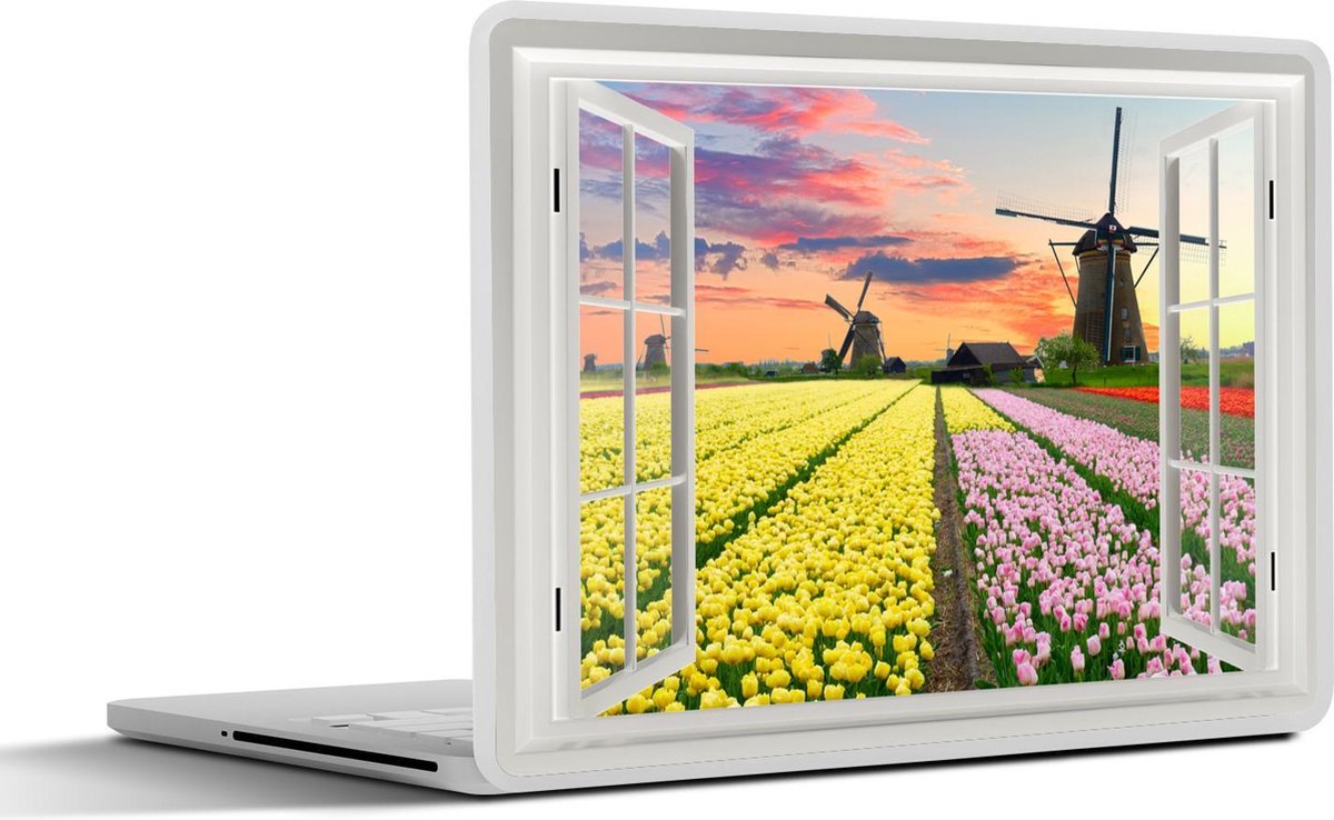 Laptop sticker - 14 inch - Doorkijk - Zonsondergang - Tulpen - 32x5x23x5cm - Laptopstickers - Laptop skin - Cover
