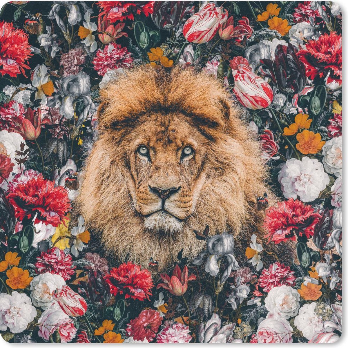 Muismat 30x30 cm - Mousepad Leeuw - Bloemen - Profiel - Muismatten