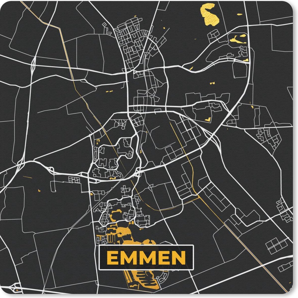 Muismat 20x20 cm - Mousepad Plattegrond - Emmen - Goud - Zwart - Muismatten - Stadskaart