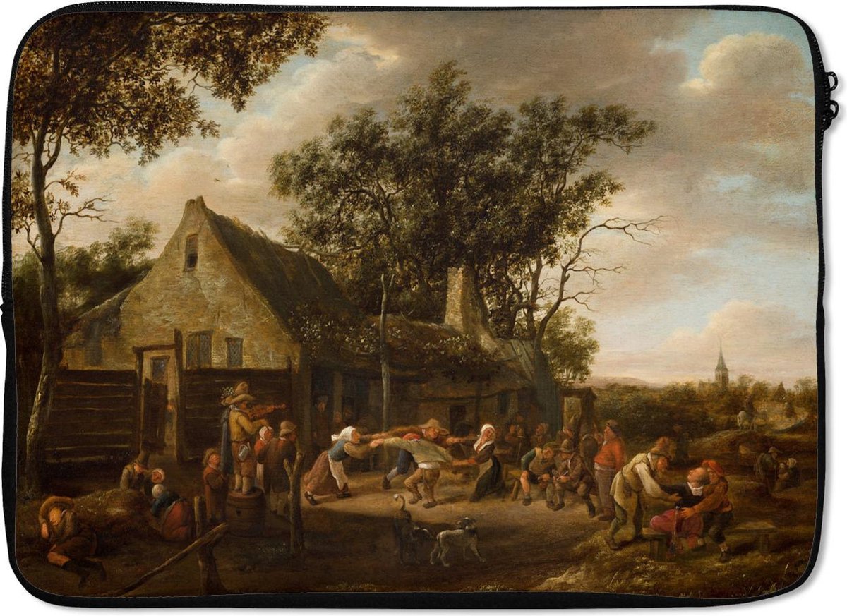 Laptophoes 14 inch - Dansende boeren bij een herberg - Jan Steen - Laptop sleeve - Binnenmaat 33x23 cm - Zwarte achterkant