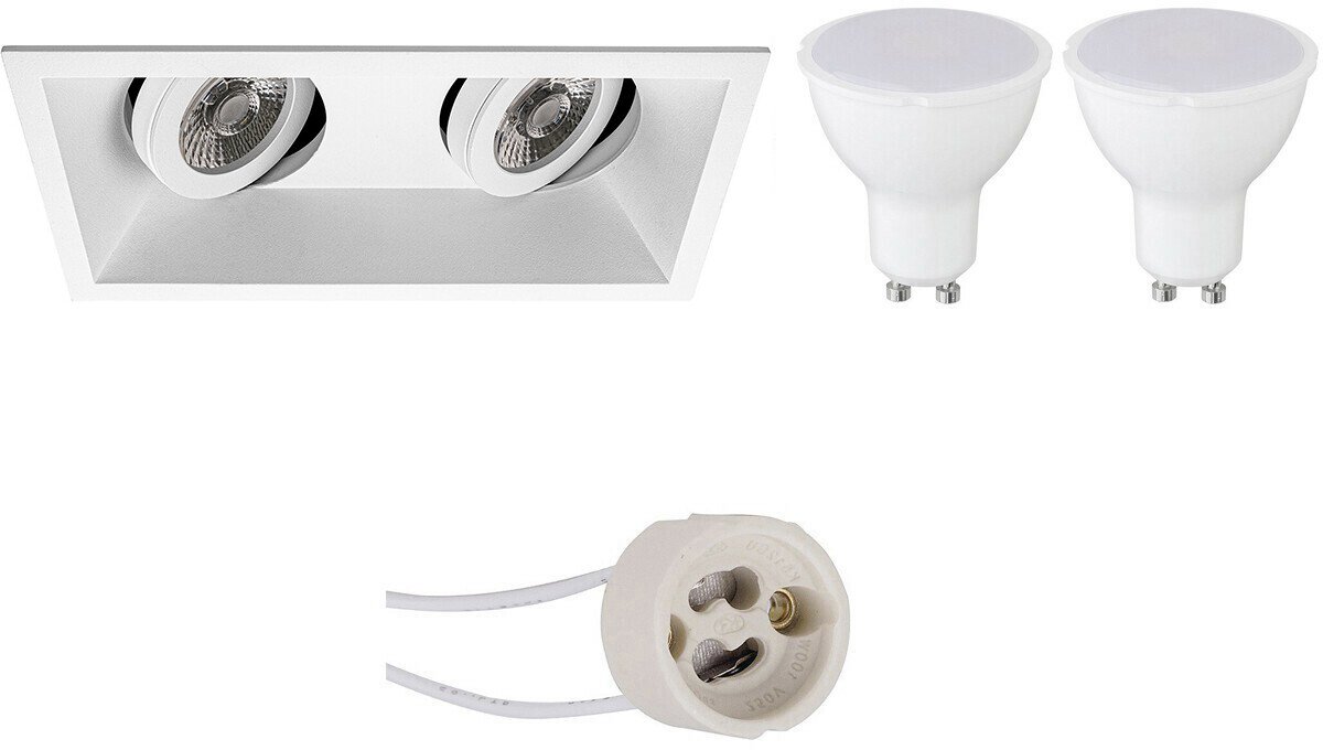 GU10 Inbouwspot Set - Mat Wit - Inbouw Rechthoek Dubbel - Kantelbaar - Pragmi Zano Pro - 4W - Warm Wit 3000K - 185x93mm