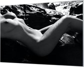 Wandpaneel Naakt aan het strand zwart wit  | 210 x 140  CM | Zilver frame | Wandgeschroefd (19 mm)
