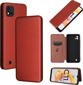 Voor OPPO Realme C20 Koolstofvezel Textuur Magnetische Horizontale Flip TPU + PC + PU Lederen Case met Kaartsleuf (Bruin)