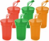 Set van 6x stuks afsluitbare kunststof drinkbekers 400 ml met rietje - 2x stuks per kleuren groen, oranje en rood
