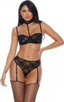 Lace Do It Bra and Panty with Garter Straps - Black - L