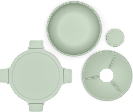 Boîte à salade verte jade avec insert segmenté, anneau de joint et récipient séparé, vue de dessus.