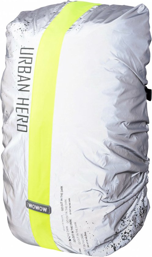 Sac argenté avec bande jaune et texte "URBAN HERO" et "WOWOW".