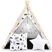 Tipi tent - speeltent - met lamp en kussens - zwart, wit