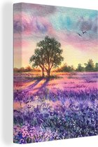 Canvas - Schilderij - Lavendel - Verf - Bloemen - Vogel - Bomen - Schilderijen op canvas - 60x80 cm - Foto op canvas - Wanddecoratie