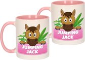 4x stuks 1x Jumping Jack beker / mok - roze met wit - 300 ml keramiek - paarden bekers