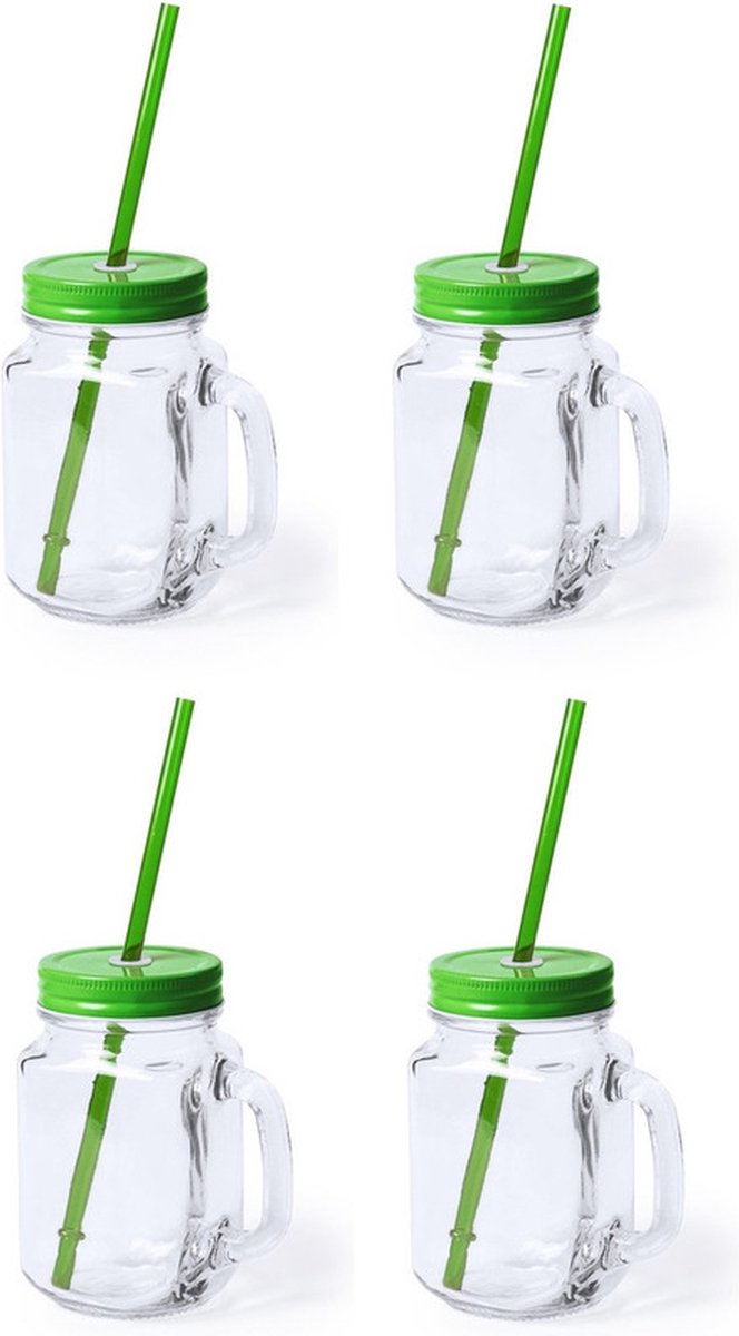 Goedkoopste Mason Jar drinkbekers - 4x stuks - glas - dop groen met rietje - 500 ml - afsluitbaar - fruit shakes