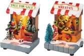Set van 2x stuks Kerstdorp kerstbomen winkeltje en kransen winkeltje met verlichting 11 cm - Kerstversiering kerstdorp maken