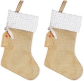 2x chaussettes de Noël en jute avec bordure blanche et paillettes argentées 45 cm - Décorations de Noël de Noël / Décoration de Noël