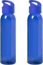 4x Stuks glazen waterfles/drinkfles blauw transparant met schroefdop met handvat 470 ml - Sportfles - Bidon