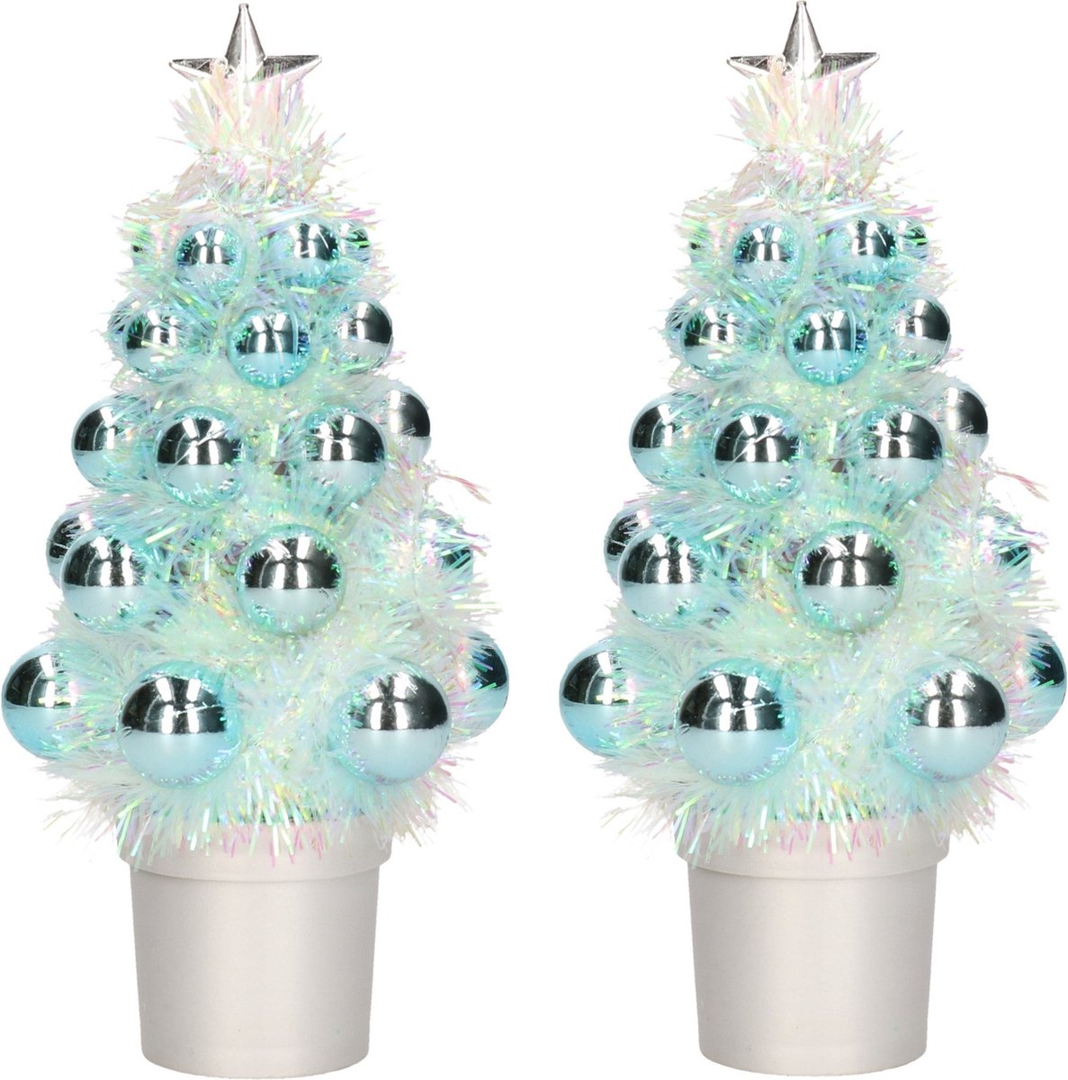 4x Mini kunst kerstboompje turquoise blauw met kerstballen 19 cm - Kerstversiering - Kunstboompje