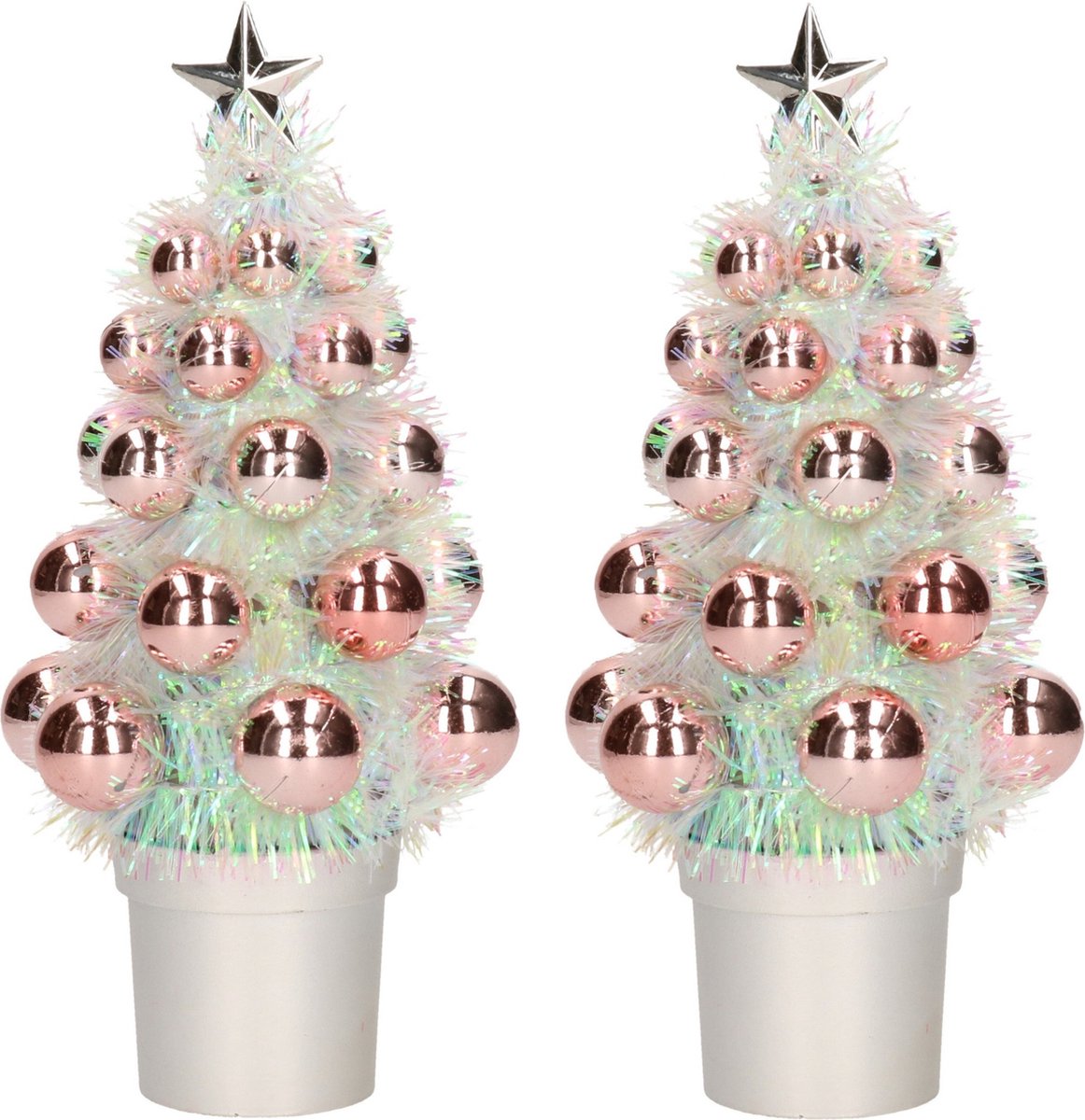6x Mini kunst kerstboompje zalm roze met kerstballen 19 cm - Kerstversiering - Kunstboompje