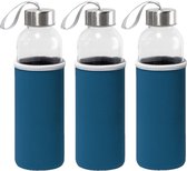 3x Stuks glazen waterfles/drinkfles met blauwe softshell bescherm hoes 520 ml - Sportfles - Bidon