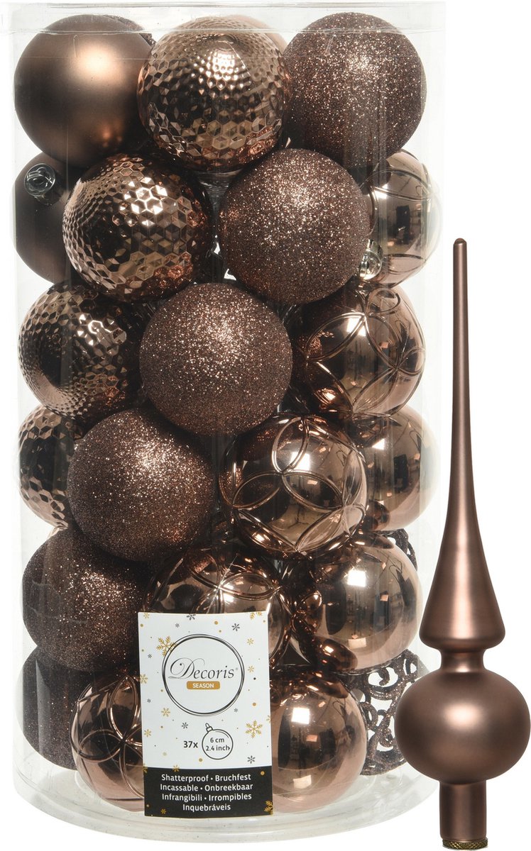 Kunststof kerstballen D6 cm - incl. glazen piek - walnoot bruin